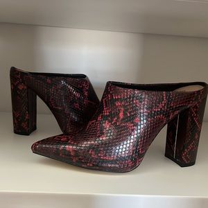 Faux red snake skin mules